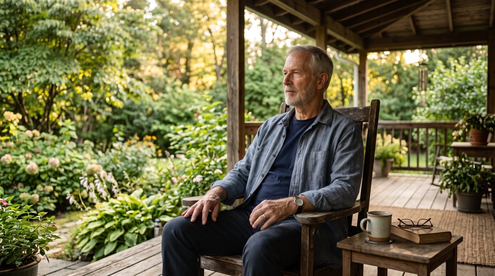 A Steady Step Forward Widower in his late 60s sitting calmly on a porch, moving through a major life transition
