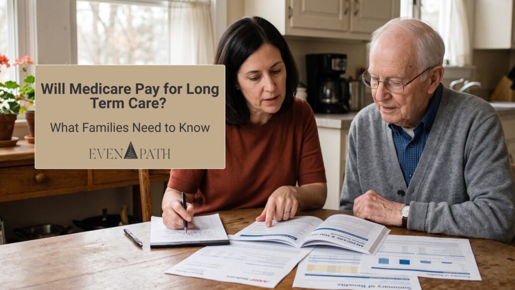 Adult daughter and elderly father reviewing a Medicare booklet together to understand coverage